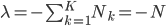 \lambda = - \sum_{k = 1}^K N_k = - N